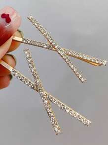 2pcs Golden Crystal X-Shape Hair Clip For Women, Minimalist Hair Accessory, Bangs & Flyaway Hair Clip