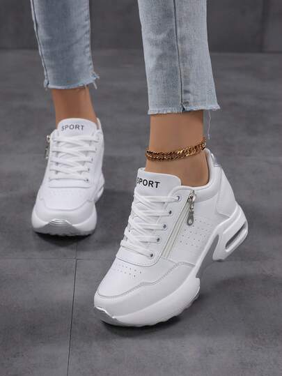 Zapatillas deportivas blancas de mujer con amortiguación, forro de malla transpirable e plantilla con cojín de aire - Zapatos casuales cómodos para primavera/otoño, suela de PU, plantillas, diseño elegante, soporte acolchado