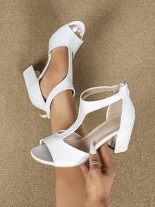 Women's White Open Toe T-Strap High Heel Sandals, Simple & Elegant Daily Casual Comfortable Shoes - White - View 2