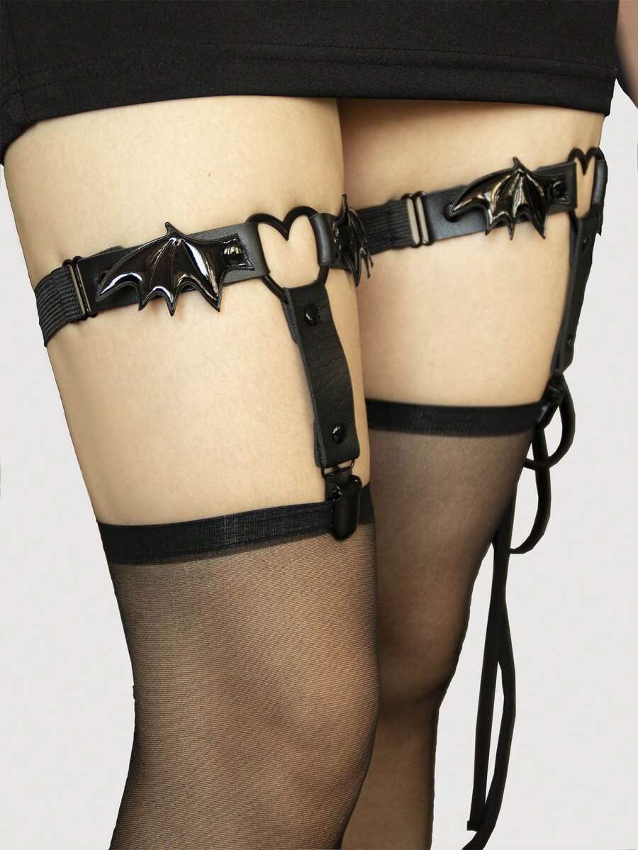 1 Pair Women's Gothic Bat Wing & Heart Design Adjustable Sock Garters, Punk Style Leg Accessory - A - View 1