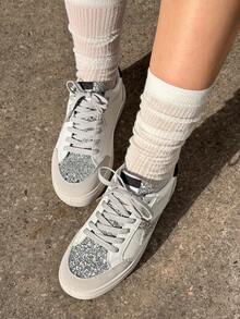 DareSee 女士星形装饰系带圆头休闲脏鞋，白色，秋季音乐节 Y2K 节返校季秋季圣诞节冬季圣诞礼物 - 白色 - 查看 6