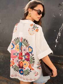 Camisa de mujer de manga corta con estampado floral y ajuste holgado, adecuada para vacaciones, uso diario, casual, primavera/verano, color blanco - Blanco - Ver 2