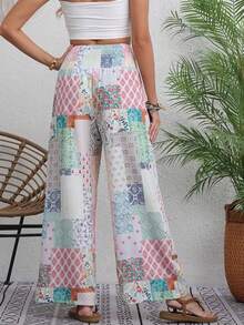 Fashionable Ditsy Floral Plaid Pattern Vacation-Style Pants For Women - Multicolor - View 5