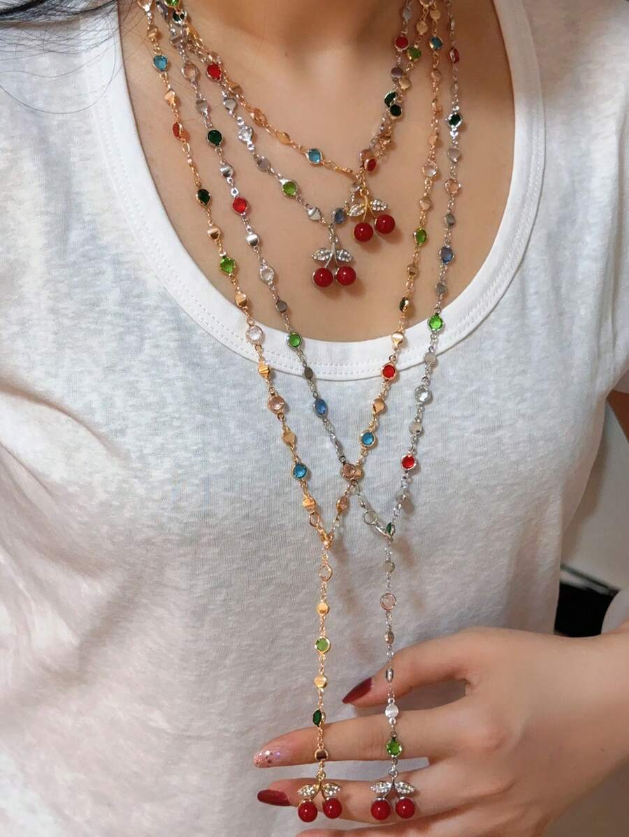 2 pezzi Collana lunga con ciondolo a forma di Y, con ciondolo a forma di ciliegie rosse metalliche e choker di cristalli colorati, gioielli stile boho, regalo per donna, adatto per occasioni