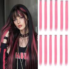 12 Pcs Pink Hair Extensions 22 Inch Straight Colored Hair Colorful Clip In Extensions Highlight Party For Kids Girls And Women Gift(Pink,26)