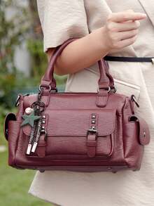 Vintage Style Solid Color PU Leather Crossbody Bag With Zipper Closure And Polyester Lining For Women - European Fashion Large Capacity Shoulder Handbag - Burgundy - View 5