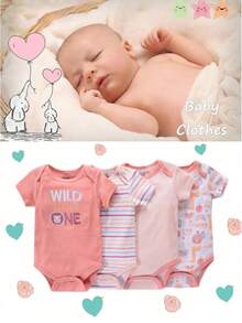 Set 4 Pañaleros Algodón Manga Corta Mamelucos Ropa De Bebés - Rosa - Ver 3