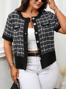 Plus Size Casual Button Contrast Color Pocket Short Sleeve Knit Cardigan Sweater