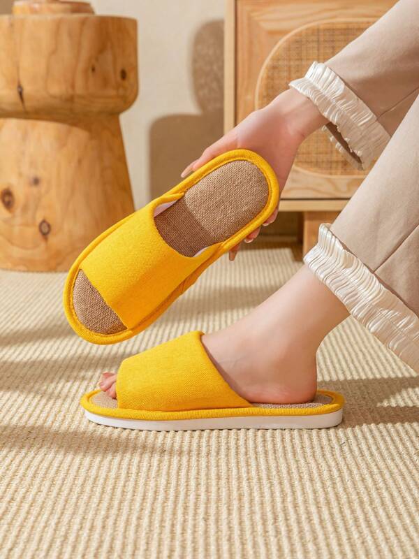 Yellow Linen House Slippers, Breathable & Comfortable, Textile Material, Suitable For All Seasons, Soft & Durable, For Living Room & Bedroom