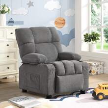 Kids Recliner Chair,Push Back Toddler Recliner With Cup Holders & Side Pockets,Adjustable Footrest & Headrest Kids Sofa For Boys Girls 3+ Age Group, Grey