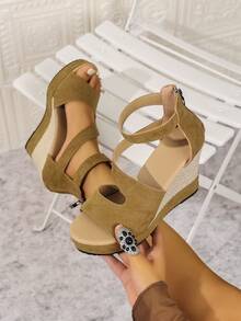Women's Back Zipper Peep-Toe Roman Sandals, Thick Sole Elevated Gladiator Heeled Sandals, Sexy Platform Wedge High Heels - Khaki - View 6