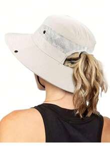 1 pièce Chapeau de soleil à large bord pour femme - Design à queue de cheval, large bord pour ombre solaire, chapeau de seau pliable pour plage et été, idéal pour la pêche, les vacances à la plage, les voyages de femmes et les activités extérieures