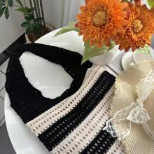 1 New Luxury Crocheted Tote Bag For Women, Open Weave Black & White Striped Contrasting Color Large Capacity Foldable Beach Bag, Suitable For Summer Beach Travel And Single's Party Gifts