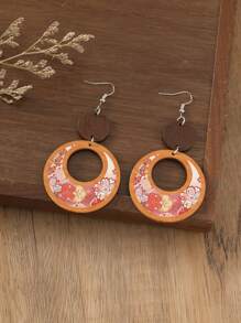 1 Pair Bohemian Style Wooden Floral Print Earrings, Double Circle Single-Side Colorful Flower Pattern Unique Yellow Ear Accessories