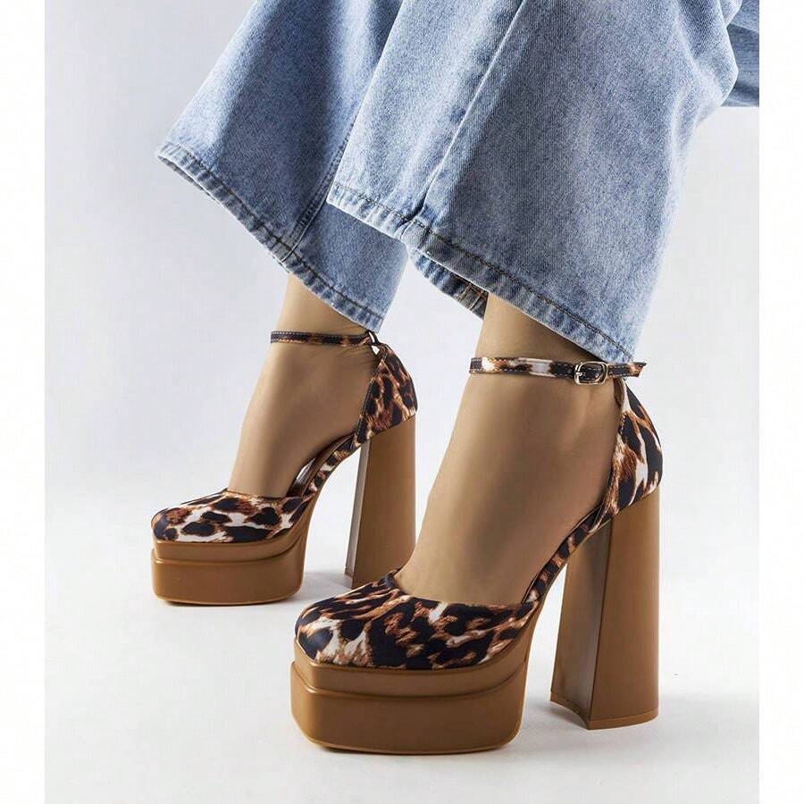 Modne, wodoodporne, platformowe, wysokie obcasy z nadrukiem w panterkę - Brązowy - Zobacz 1