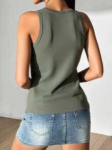 Top básico algodón mujer casual sin manga tipo tank top cuello redondo tejido stretch bajo ajustado recto street y2k cómodo fresco deportivo calle básico calor primavera verano día noche - Verde - Ver 3