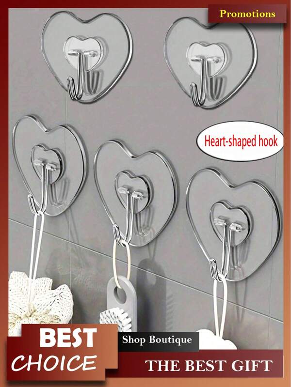 60pcs Heart Shaped Strong Adhesive Clear Wall Hooks - No Drilling Required Multi Functional Hanging Hooks Casual Style, Easy To Install, No Drilling Required, Plastic Heart Shaped Utility Hooks For Kitchen And Bathroom, Wall Mounted Storage Organizer Bathroom Organizer Bathroom Decor Summer