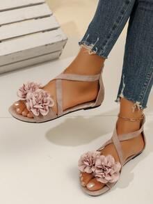 1 双女士凉鞋 - 优雅甜美风格，交叉绑带、花卉装饰和后拉链细节 - 舒适时尚，适合夏季、休闲外出、日常穿着和各种场合 - 米色 - 查看 7