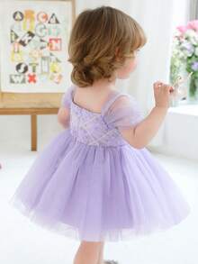 女婴薰衣草色亮片花卉网纱优雅派对礼服，公主裙，适合女孩生日派对、婚礼花童、节日庆典 - 紫色 - 查看 3