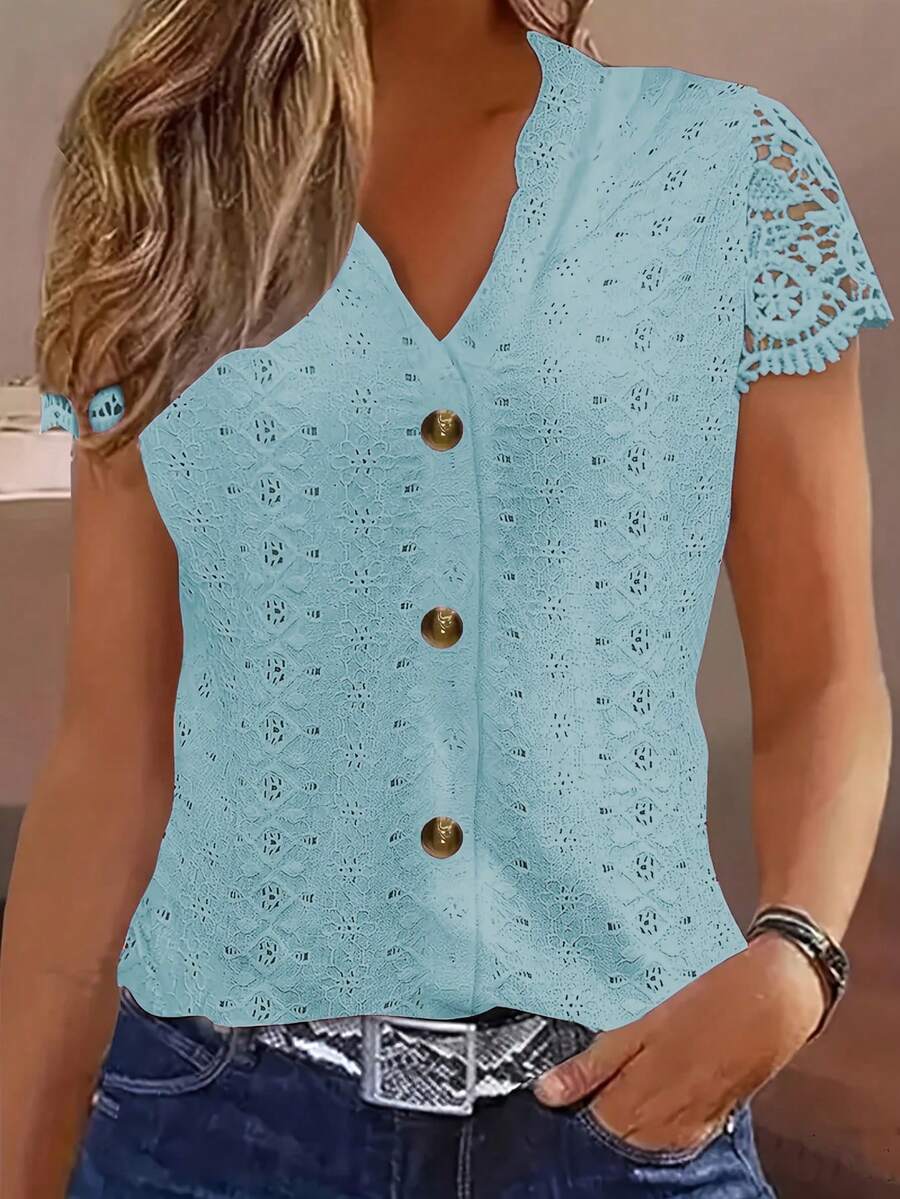 V-Neck Lace Patchwork Hollow Out Embroidery Front Button Spring/Summer Short Sleeve Top - Baby Blue - View 1