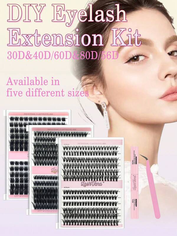Kit de Extensão de Cílios DIY Lashvana - 240 peças de Cílios Individuais em Cachos D, Mix de Comprimentos de 8-14mm, com Adesivo e Selante. Kit de Alta Capacidade com Cílios Segmentados DIY Naturais para Aplicação Individual em Casa, para Iniciantes (0.07D-8-14MIX KIT)