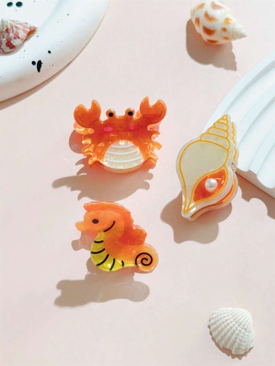 3 Pcs Women's Elegant Crab, Seashell & Seahorse Mini Hair Clips, Suitable For Bangs, Sides, Princess Hairstyle Decor, Cute Bohemian Street Style Accessories Summer, Claw Clip - Multicolor - View 1