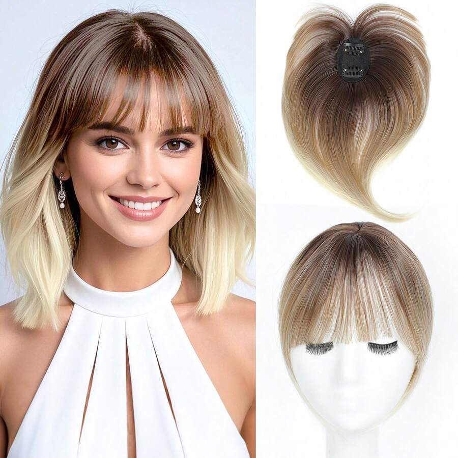 WKCT Hair Topper With Bangs Clip On, 360° 3D Cover Hair Toppers For Women With Thinning Hairs, 10 Inch Straight Clip In Bangs Hairs Piece For Women Daily Wear, Fake Bangs Hair Extensions For Women - Ombre Mix Blonde with Dark Root to Blonde - 查看 1