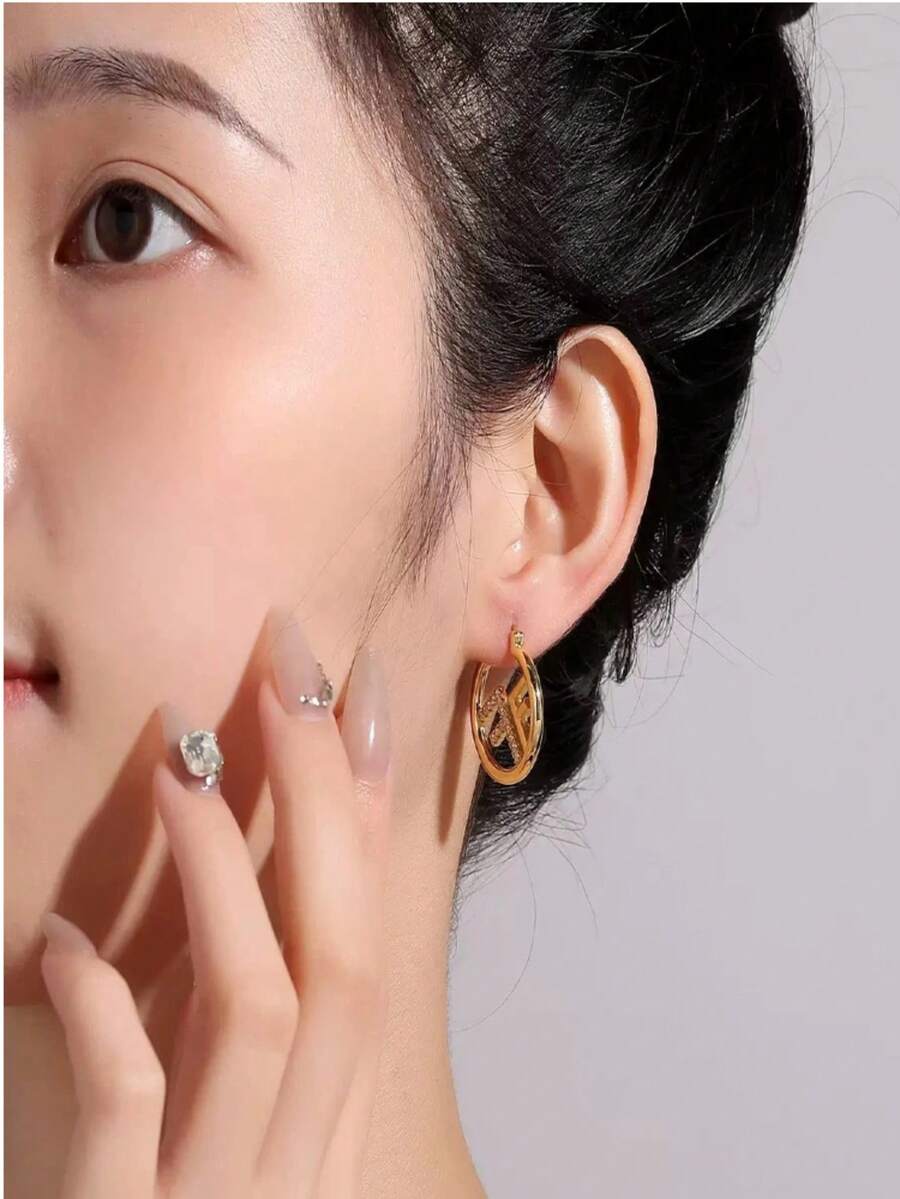 1件装字母F高端耳环轻奢小众设计优雅网红个性耳环新款耳扣耳环 - 字母F耳圈 - 查看 1