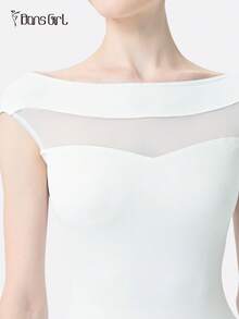 DonsGirl 一件式女式露肩拼色芭蕾紧身衣 - 高弹力网眼拼布舞蹈服/表演服 - 白色 - 查看 11