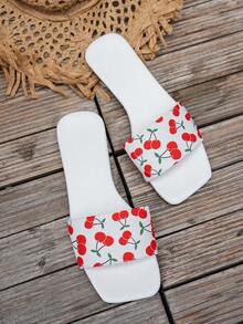 New Arrival Women's Sandals, Square Toe Flat Design, Casual Countryside Style, Fresh Cherry Print, Lightweight & Comfortable, & Versatile, Slip-On, Suitable For Home, Spring/Summer Outdoor, Street Fashion Beach Slippers - White - View 5