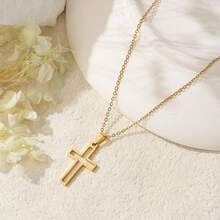 1pc Stainless Steel Hollow Shell Pearl Necklace With Micro-Inlaid Zirconia - Yellow Gold - View 1