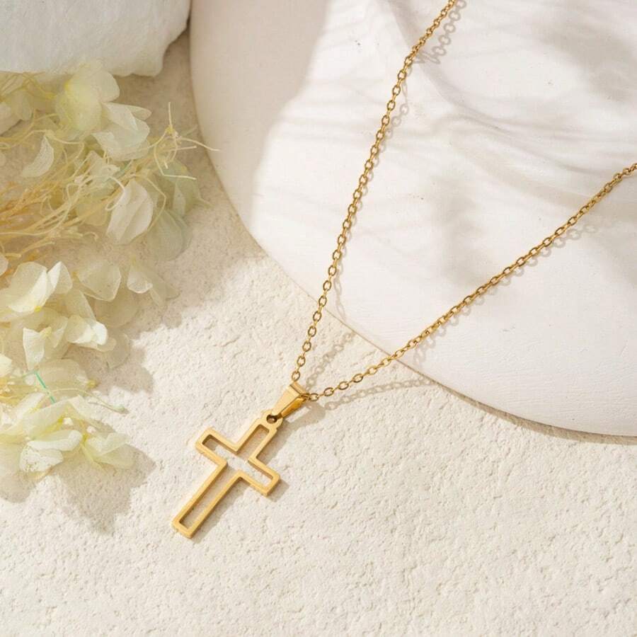 1pc Stainless Steel Hollow Shell Pearl Necklace With Micro-Inlaid Zirconia - Yellow Gold - View 1