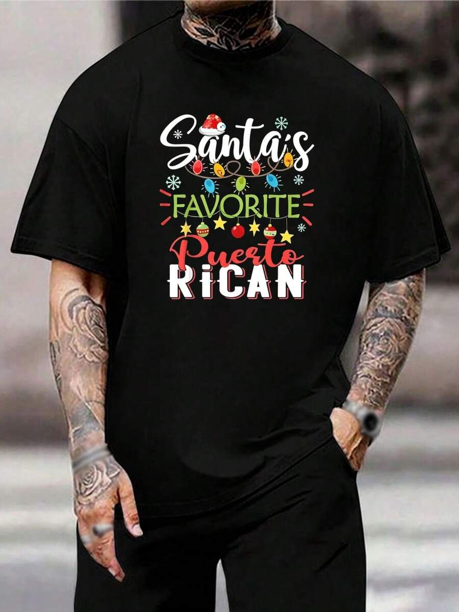 Camiseta puertorriqueña favorita de Santa - Regalo navideño Luces de Navidad Orgullo de Puerto Rico Camisetas para hombres y mujeres atuendo para fiestas Ropa informal Diseño festivo para jóvenes - Negro - Ver 1