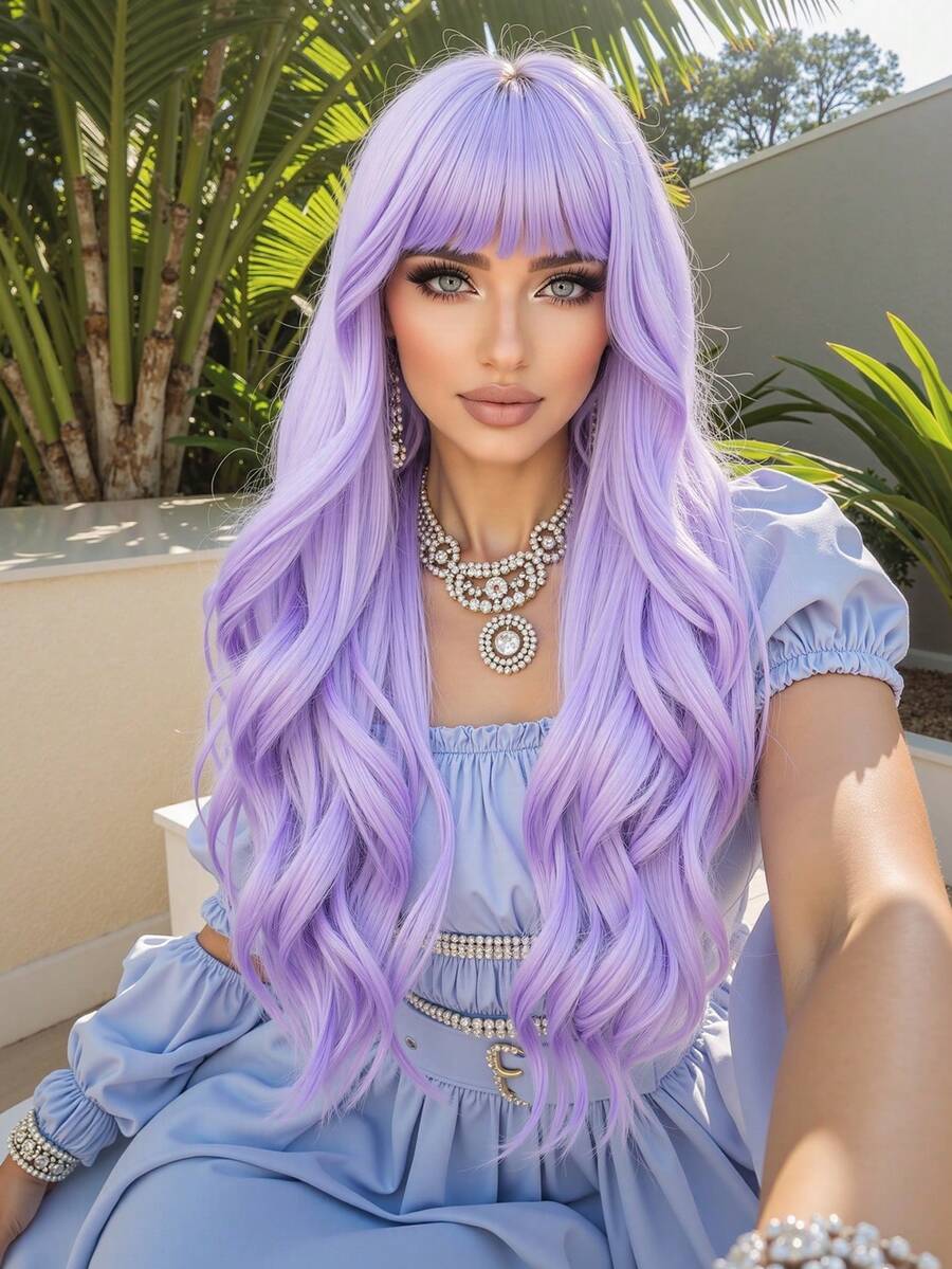 Long Purple Wig With Bangs Wave Curly Wigs For Women 26 Inch Heat Resistant Natural Synthetic Wig For Daily Party Use Holiday Party Everyday Wear,Gifts For Women - Màu tím - Xem 1