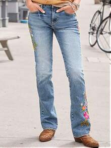 Women's Vintage Washed Floral Embroidered Pockets Denim Jeans, Autumn - Blue - View 4