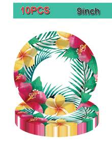 10pcs Tropical Hawaiian Party Supplies - Hawaiian Party Decorations, Palm Leaves, Hibiscus Flower Disposable Paper Plates And Napkins | Suitable For BBQ And Summer Parties, Christmas, Weddings, Beach, Graduation - Multicolor - View 10