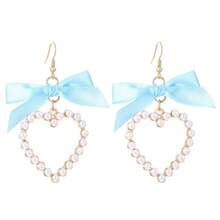 2 pares de brincos de pérola com laço fofo e coração, brincos de qualidade de nicho da moda para mulheres