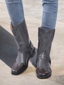 Elegante señoras retro PU grueso fondo botas a media pantorrilla, estilo universitario antideslizante resistente al desgaste botas de las mujeres casuales, de moda y versátil partido botas de las mujeres occidentales, adecuado para todos los días, de fiesta, tenis, béisbol, deportes, ropa de viaje - Gris Oscuro - Ver 1