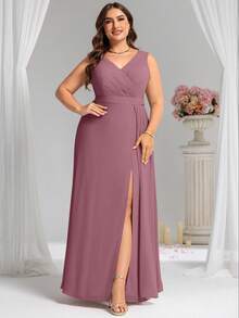 EVERPRETTY Romantic V-Neck Sleeveless Pleated Bust High Slit Bridesmaid Dress, Suitable For Wedding Party And Wedding Guest - Dusty Pink - View 4