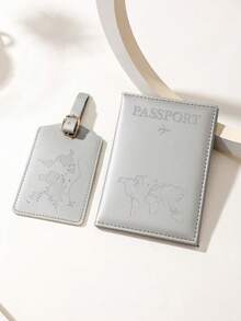 1 Set Outdoor Travel Cross-Border Journey Anti-Lost Map Printed Luggage Tag & Passport Holder, PU Material, Essential Travel Accessory Set - Silver - View 5