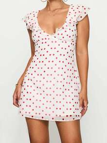 Women Dot Print Short Dress Slim V Neck Flying Sleeve A-Line Mini Dress For Daily Party Club - 白色 - 查看 3
