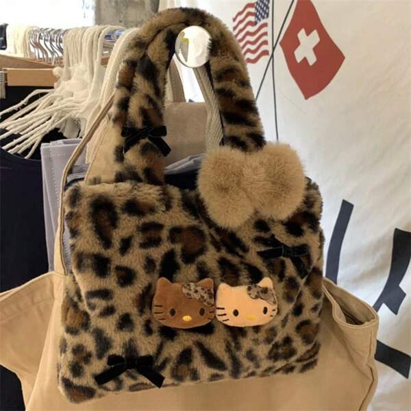 Sanrio Hello Kitty Brand Bags, Plush Leopard Print Handbag, Cute Seasonal Leopard Print Handbag, Minimalist Outdoor Tote, Retro Plush Commuter Bag, Women Handbag, Shoulder Bag, Charm, Travel Bag, Books, Travel, Luxury Ladies Handbag (Note Size Selection)