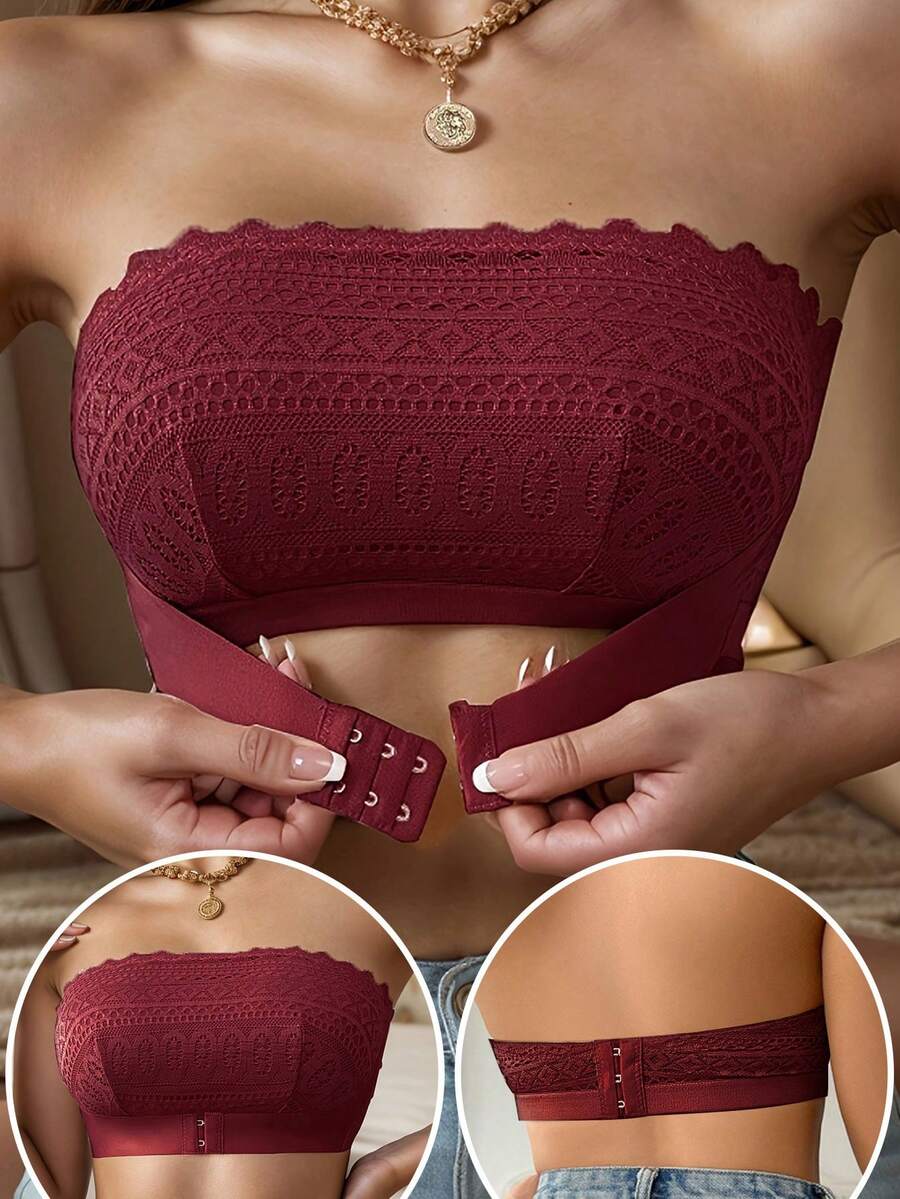 Áo ngực không dây cài trước họa tiết hoa thêu ren, áo ngực Bandeau thoải mái dành cho nữ - Màu Đỏ Sâu - Xem 1