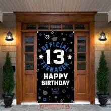1pc Teenagers 13th Birthday Party Door Banner Background Decoration Polyester Wear Metal Snap Teenagers Game Themed 13th Birthday Party Background Decoration