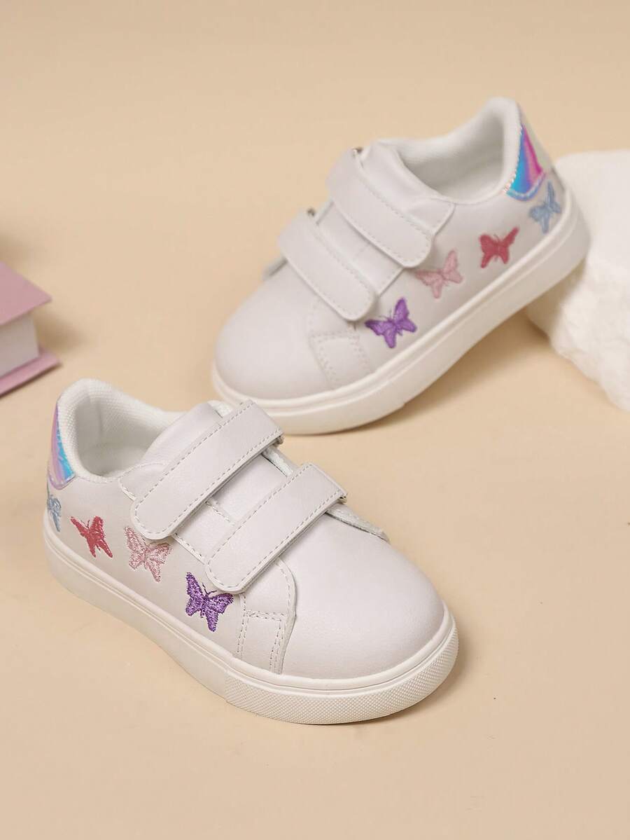 Kids Butterfly Embroidered Anti-Slip Soft Bottom Hook And Loop Casual Sports Shoes, Suitable For Students All Season - White - View 1