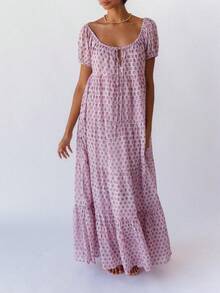 Women Boho Floral Maxi Dresses Summer Puff Sleeve Self-Tie Square Neck Beach Swing Tiered Casual Flowy Long Dress - 紫色 - 查看 2