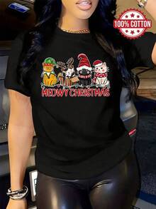 100% Cotton T-Shirt | Meowy Christmas Black Tee | High-Quality Breathable Fabric | Women's Loose Short-Sleeve Cotton Print | Machine Washable | Sport Round Neck Casual Top | Loose Comfortable Fashion | Unisex Holiday Gift | Couple Outfit | Spring and Summer Wear | Suitable for All Seasons | Sports Running Hiking Breathable Sweat-Wicking | Women's Clothing - Negro - Ver 1