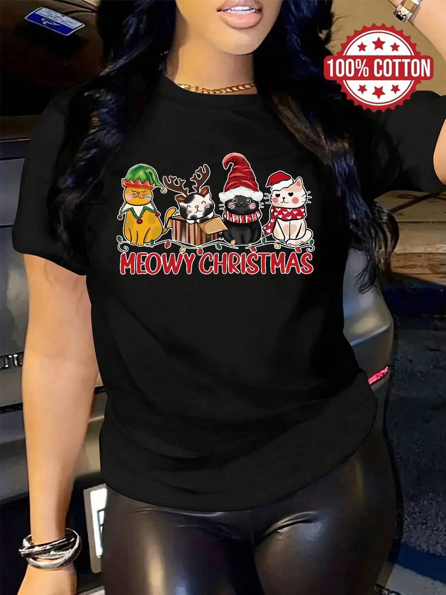 100% Cotton T-Shirt | Meowy Christmas Black Tee | High-Quality Breathable Fabric | Women's Loose Short-Sleeve Cotton Print | Machine Washable | Sport Round Neck Casual Top | Loose Comfortable Fashion | Unisex Holiday Gift | Couple Outfit | Spring and Summer Wear | Suitable for All Seasons | Sports Running Hiking Breathable Sweat-Wicking | Women's Clothing - Negro - Ver 1