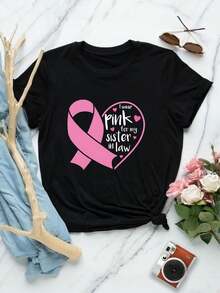 Camiseta rosa de mujer con lazo rosa - Camiseta de concienciación sobre el cáncer de mama, regalo para cuñada, apoyo familiar, regalo para superviviente de cáncer, camiseta de manga corta para mujer - Negro - Ver 1