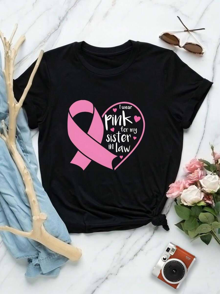 Camiseta rosa de mujer con lazo rosa - Camiseta de concienciación sobre el cáncer de mama, regalo para cuñada, apoyo familiar, regalo para superviviente de cáncer, camiseta de manga corta para mujer - Negro - Ver 1